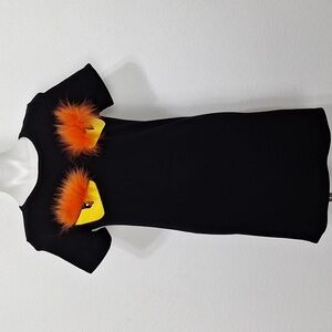 Cherry Mellow Black Bag Bugs Orange Fur Trim Novelty Pullover Mini Dress Size L